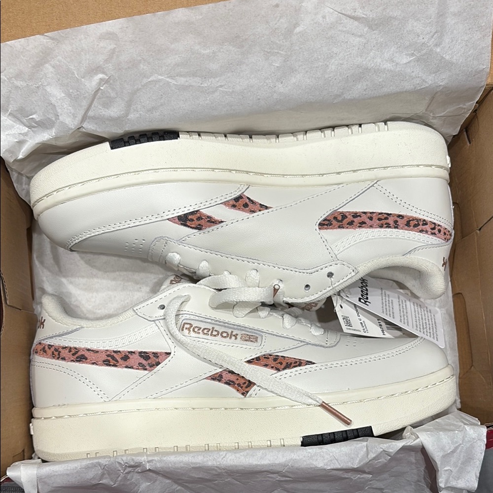 Reebok White and Pink Leopard Club C Double Sneakers new in box